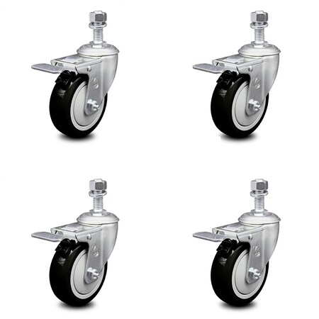 Service Caster 4 Inch Black Polyurethane Swivel 12mm Stem Caster Set with Total Lock Brake SCC-TSTTL20S414-PPUB-BLK-M1215-4